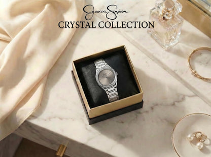 Jessica Simpson Women’s Round Silver Watch 32mm Beige Sunray Dial Crystal Bezel