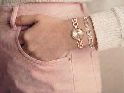 ELLEN TRACY Women's 28mm Round Rose Goldtone Watch and Bangle Gift Set, Rose Gold Dial, Crystal Accents