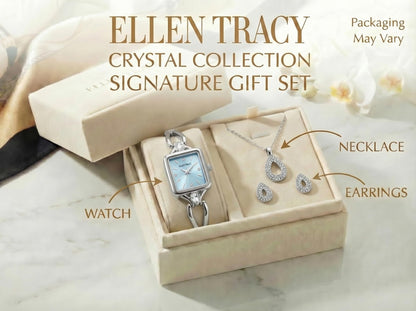 ELLEN TRACY Women's 20mm Rectangle Silvertone Watch and Jewelry Gift Set, Blue Dial, Crystal Accents