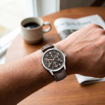 CARIBBEAN JOE Men’s Watch, 41mm Round Case, Silvertone, Dark Brown Sunray Dial, Rose Gold Arabic Markers, Decorative Dial Markers, Dark Brown PU Strap