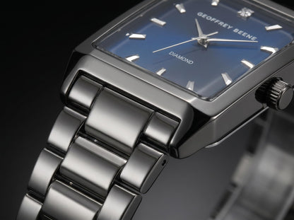 Geoffrey Beene Men’s Rectangular Gunmetal Watch 34mm Blue Sunray Dial Bracelet Diamond Accent
