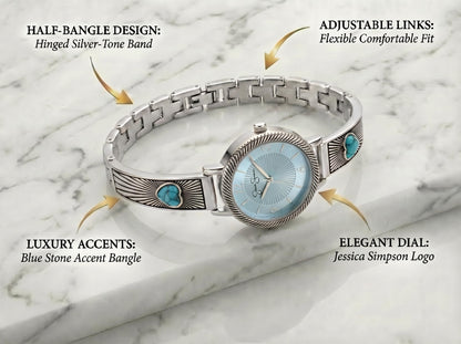 Jessica Simpson Women’s Round Silver Watch 28mm Light Blue Textured Dial