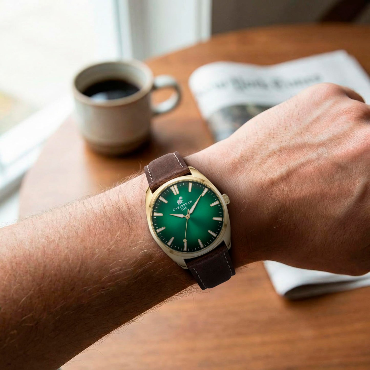 Caribbean Joe Men’s Analog Watch with Gold-Tone 41mm Case, Green Degrade Sunray Dial, Brown PU Leather Strap, Quartz Movement, Casual Dress Fashion Wrist Watch