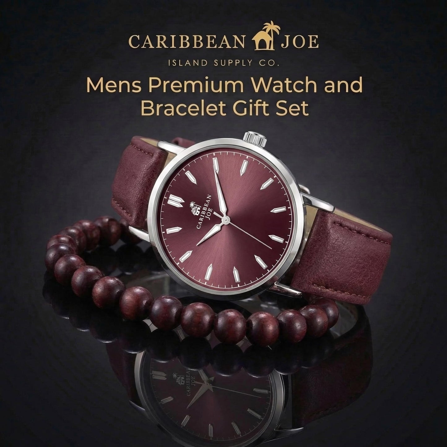CARIBBEAN JOE Men’s Watch & Red Tiger Eye Beaded Bracelet Set – 41mm Silver-Tone Case, Burgundy Sunray Dial, Luminous Silver-Tone Markers, Burgundy PU Strap, 8mm Natural Stone 8” Bracelet