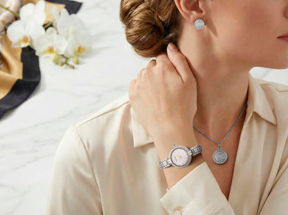 ELLEN TRACY Women's 24mm Round Silvertone Watch and Jewelry Gift Set, White Dial, Crystal Accents