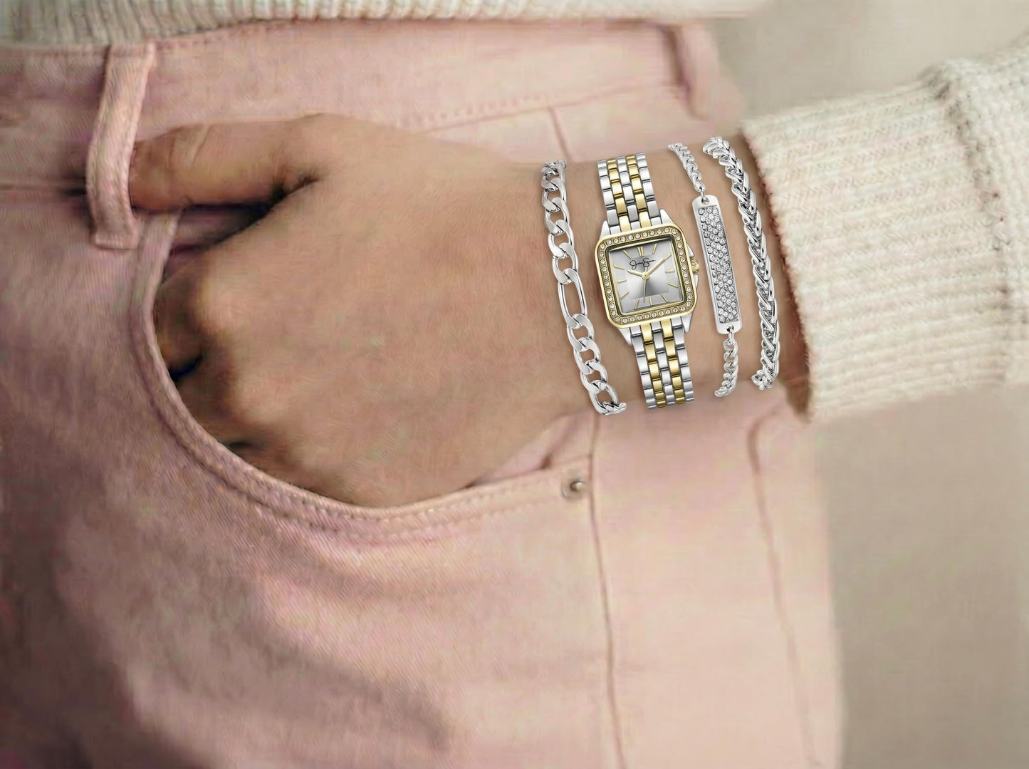 Jessica Simpson Women’s Watch Set Two Tone Cushion 25mm Silver Dial Bracelet Set