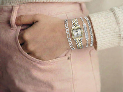 Jessica Simpson Women’s Watch Set Two Tone Cushion 25mm Silver Dial Bracelet Set