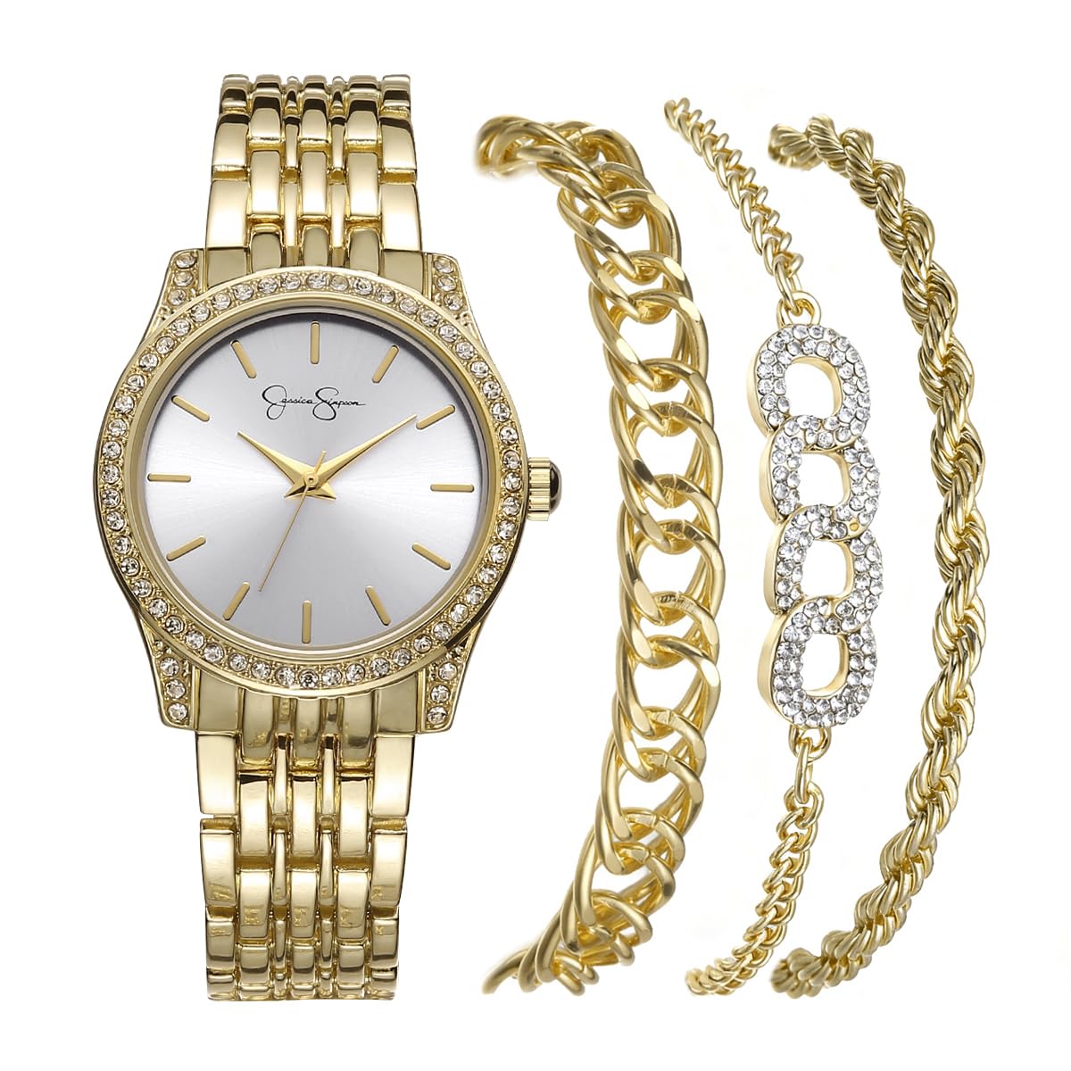 Jessica Simpson Women’s Watch Set Gold 35mm Silver Dial Bracelet Set