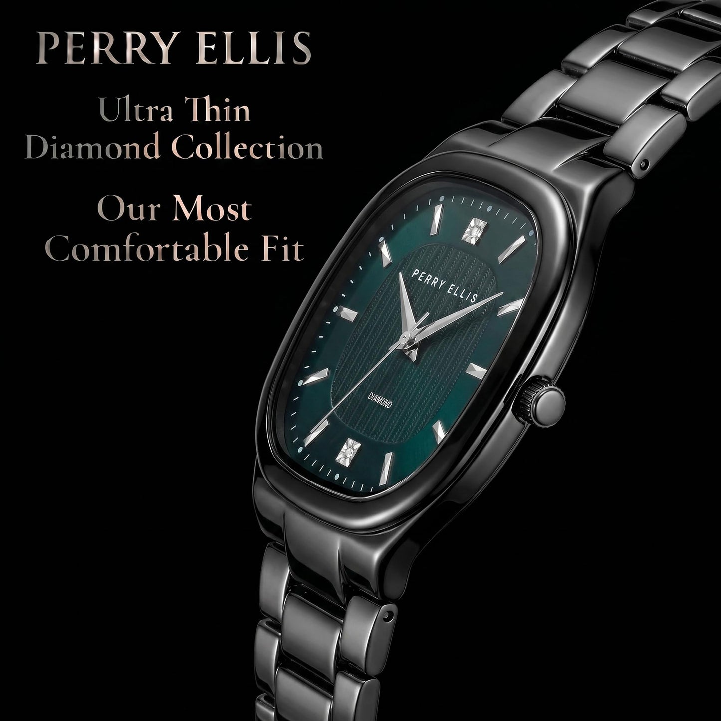 Perry Ellis Ultra Slim Men’s Watch – Cushion Light Gun 40mm Case, Teal Blue Hydraulic Press Center Dial with Sunray Finish, Two 0.9mm Diamond Accents, Silver Faceted Indexes, Alloy Bracelet