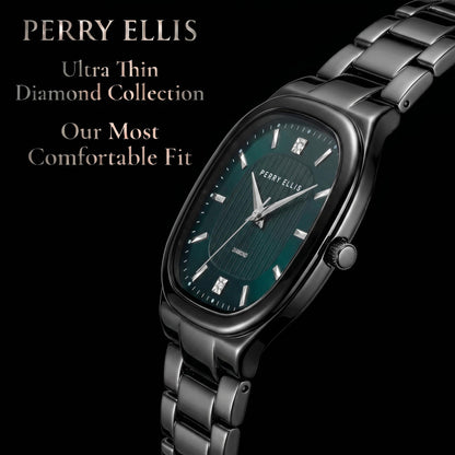 Perry Ellis Ultra Slim Men’s Watch – Cushion Light Gun 40mm Case, Teal Blue Hydraulic Press Center Dial with Sunray Finish, Two 0.9mm Diamond Accents, Silver Faceted Indexes, Alloy Bracelet