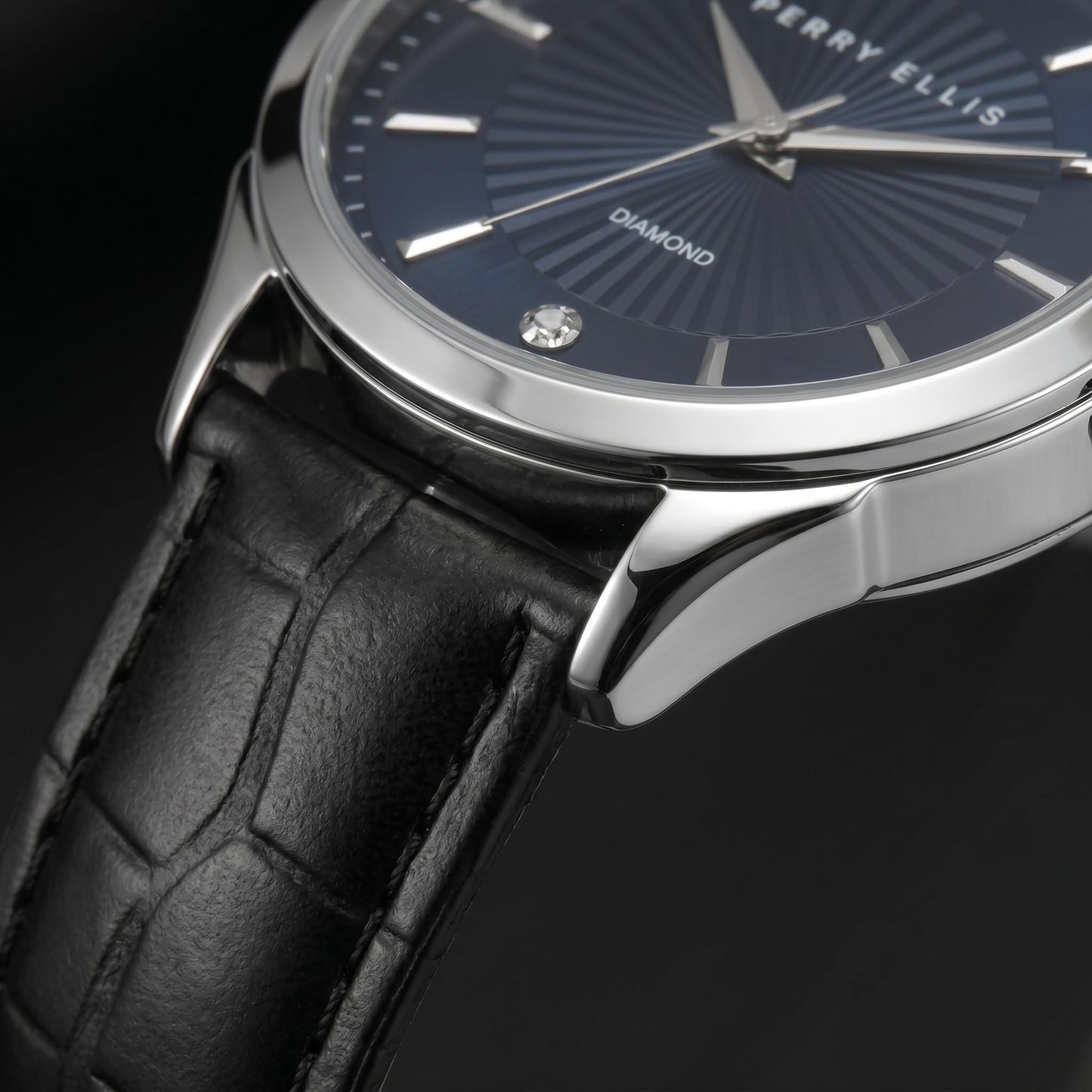 Perry Ellis Ultra Slim Men’s Round Gunmetal Watch 41mm Blue Textured Dial PU Strap Diamond Accent