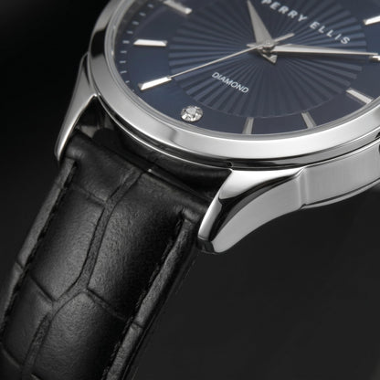 Perry Ellis Ultra Slim Men’s Round Gunmetal Watch 41mm Blue Textured Dial PU Strap Diamond Accent