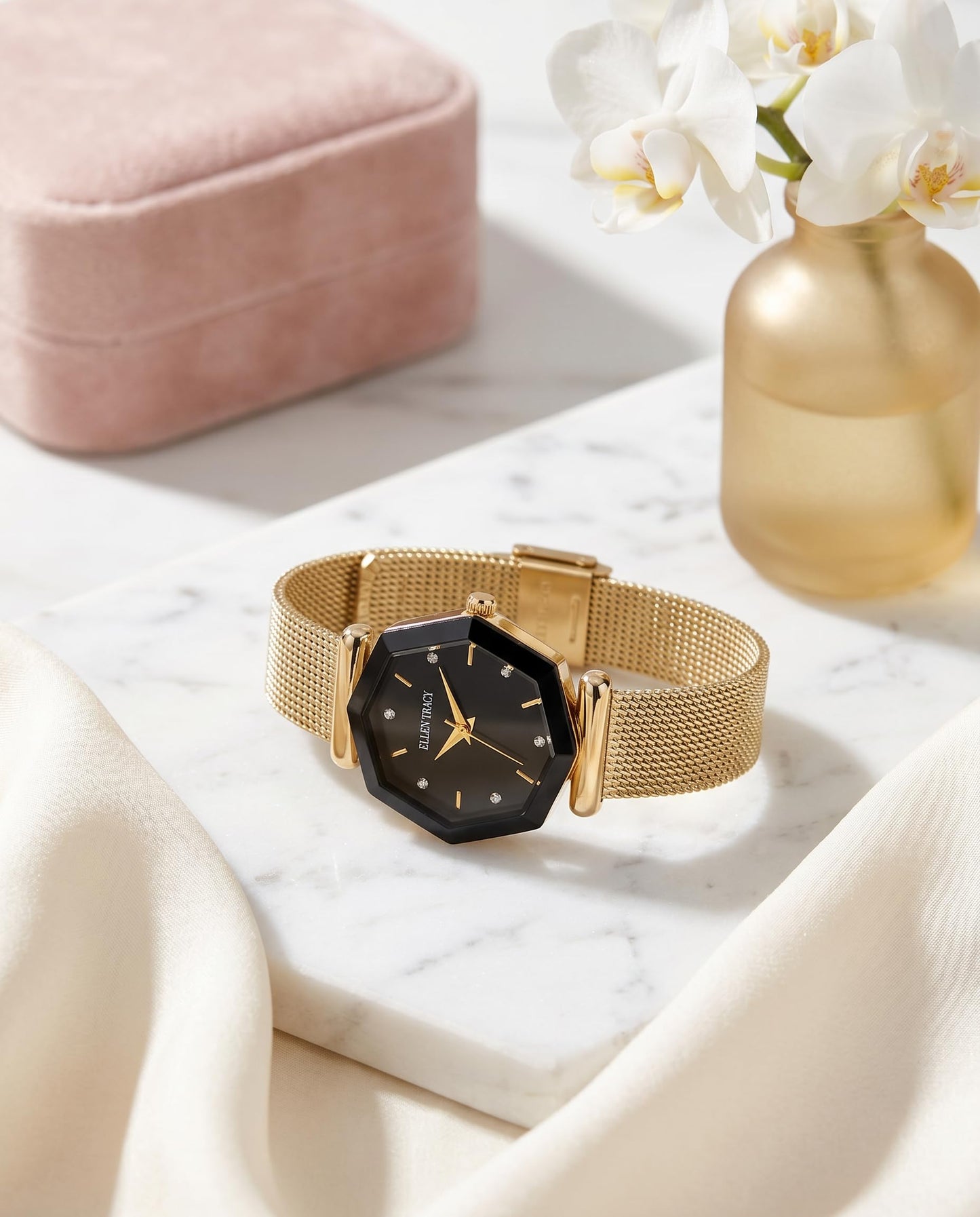 Ellen Tracy Women's 25mm Octagon Quartz Watch Metal Mesh Bracelet