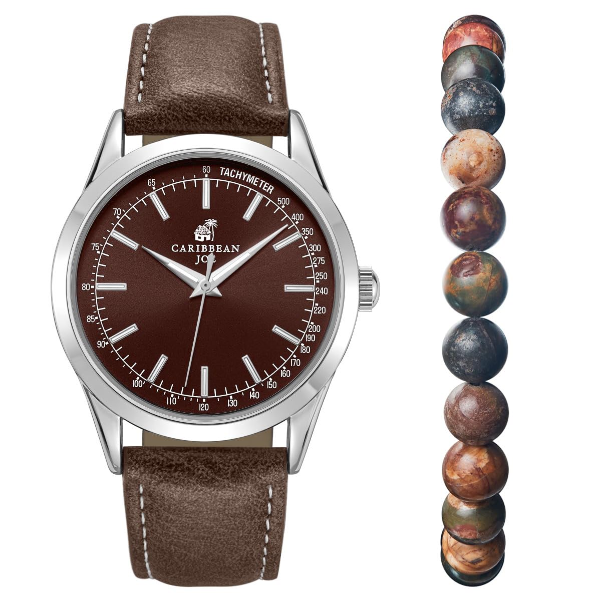 CARIBBEAN JOE Men’s Watch & Red Creek Jasper Beaded Bracelet Set – 41mm Silver-Tone Case, Gray Sunray Dial, Luminous Silver-Tone Bar Markers, Brown PU Strap, 8mm Natural Stone 8” Bracelet