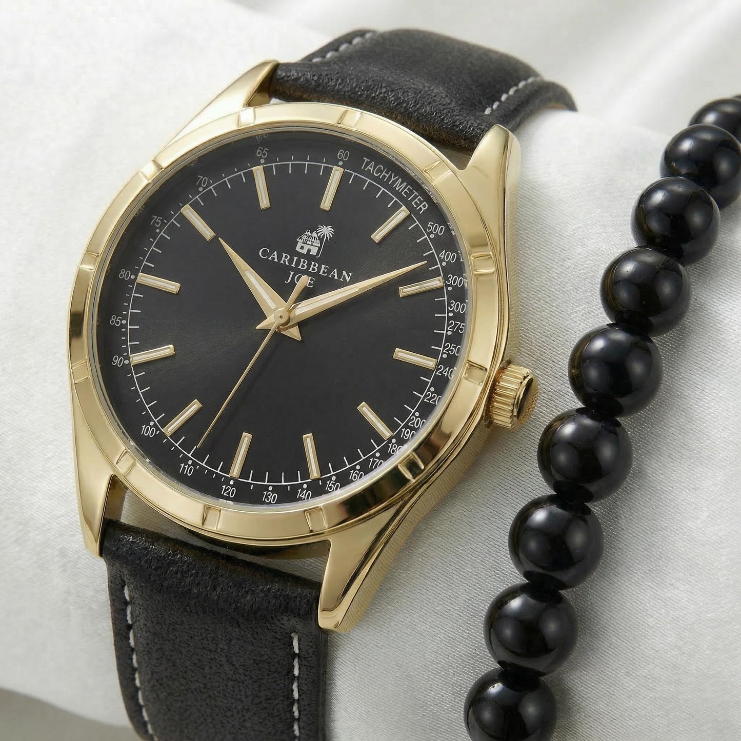 CARIBBEAN JOE Men’s Watch & Onyx Beaded Bracelet Set – 41mm Gold-Tone Case, Black Sunray Dial, Luminous Gold-Tone Bar Markers, Black PU Strap, 8mm Natural Stone 8” Bracelet