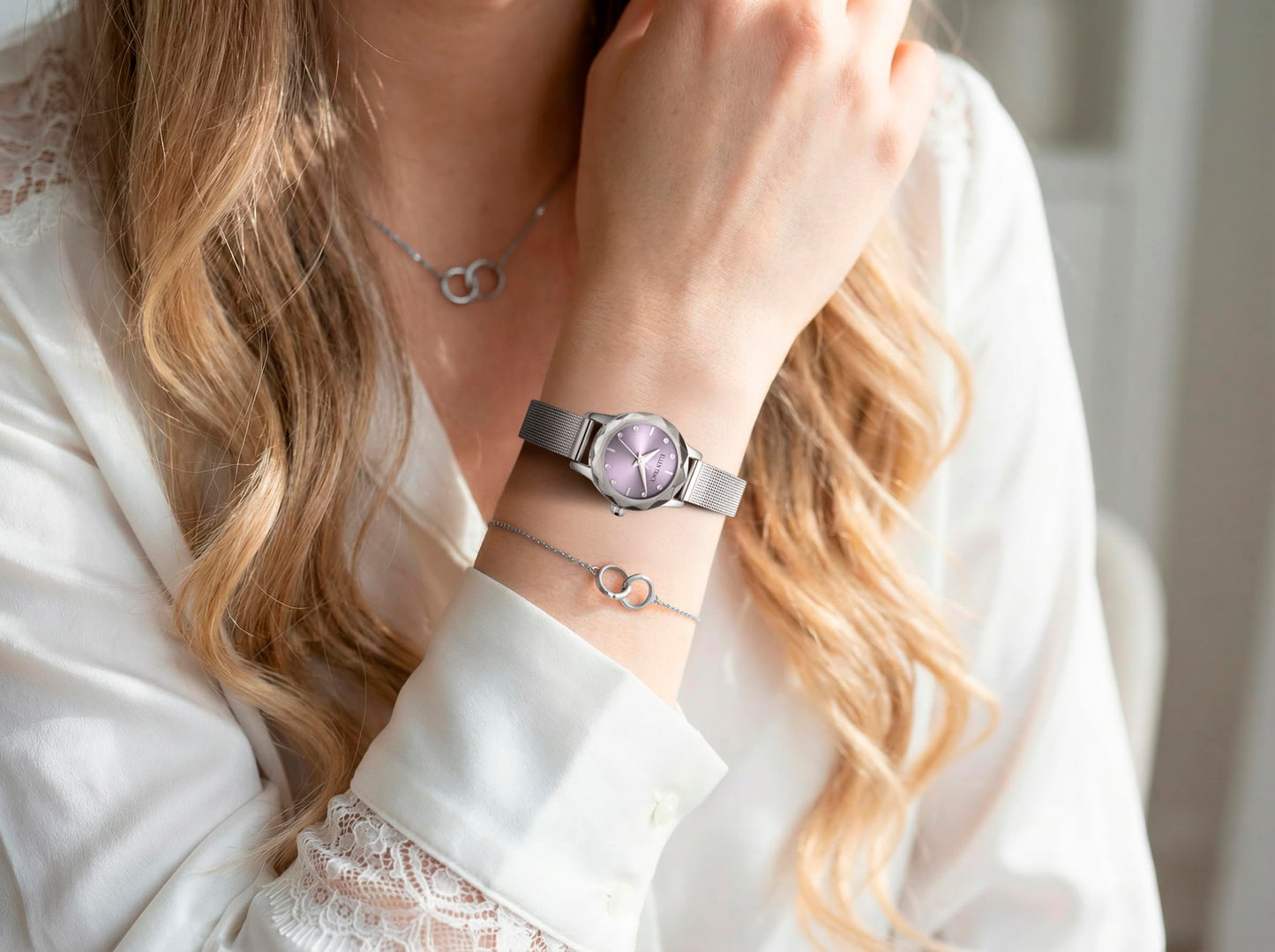 ELLEN TRACY Women's 22mm Round Silvertone Watch, Purple Dial, Crystal Accents, Mesh Band