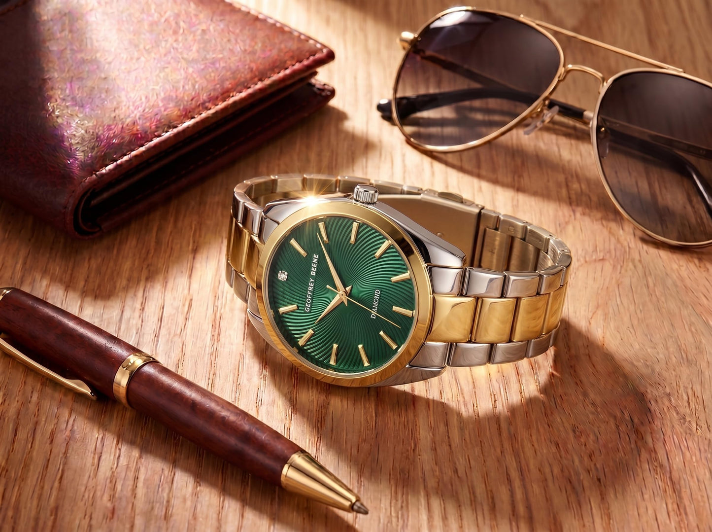 Geoffrey Beene Men’s Round Two Tone Watch 41mm Green Textured Dial Bracelet Diamond Accent