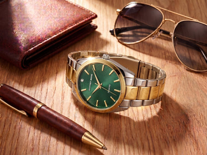 Geoffrey Beene Men’s Round Two Tone Watch 41mm Green Textured Dial Bracelet Diamond Accent