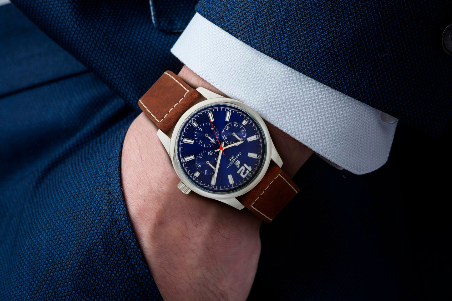 CARIBBEAN JOE Men’s Analog Watch with Silver-Tone 42.5mm Case, Navy Blue Semi-Gloss Dial with Faux Subdials, Brown PU Leather Strap, Quartz Movement, Casual Fashion Watch
