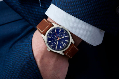 CARIBBEAN JOE Men’s Analog Watch with Silver-Tone 42.5mm Case, Navy Blue Semi-Gloss Dial with Faux Subdials, Brown PU Leather Strap, Quartz Movement, Casual Fashion Watch