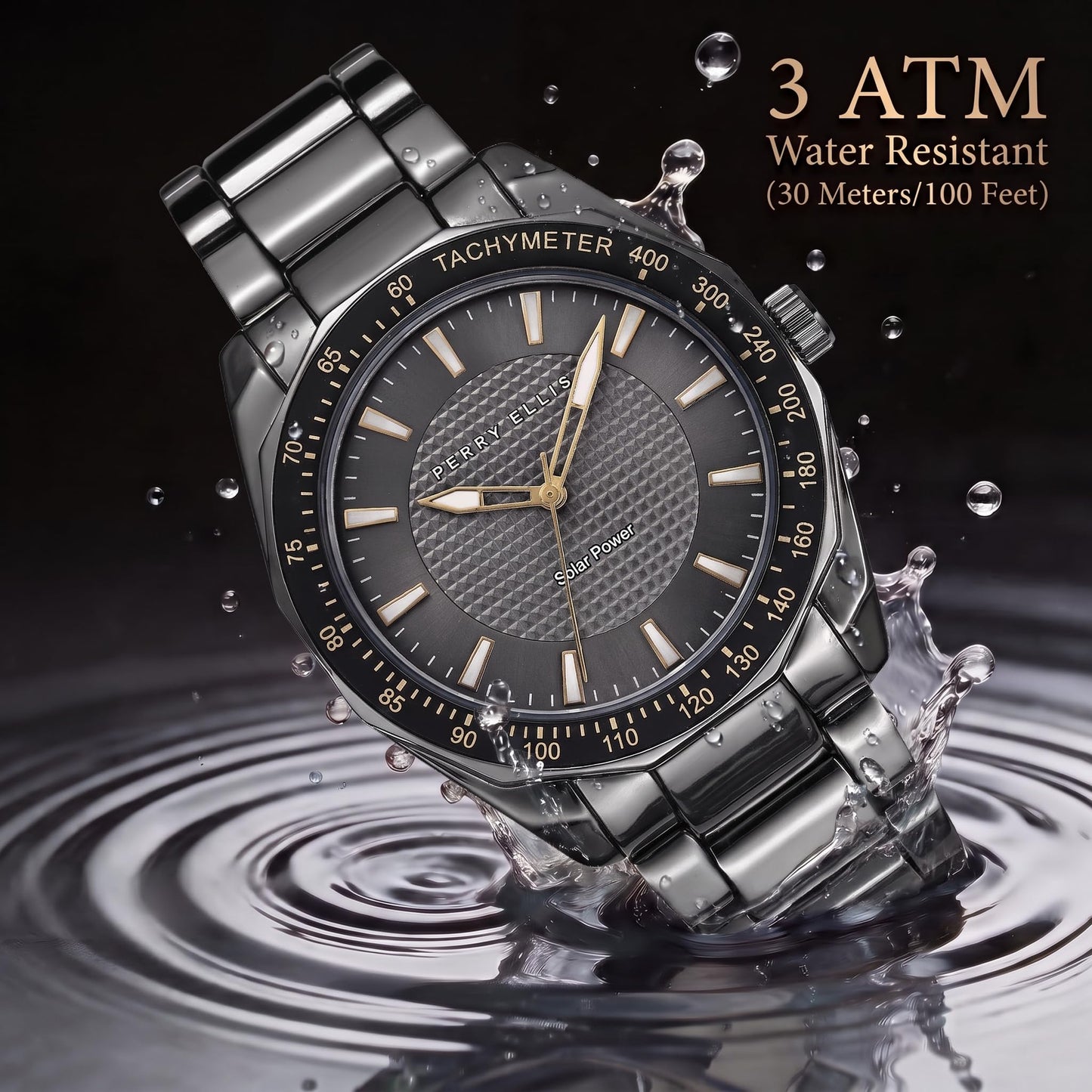 Perry Ellis Solar Men’s Watch – Round Gunmetal Dial and Alloy Band, Water-Resistant Analog