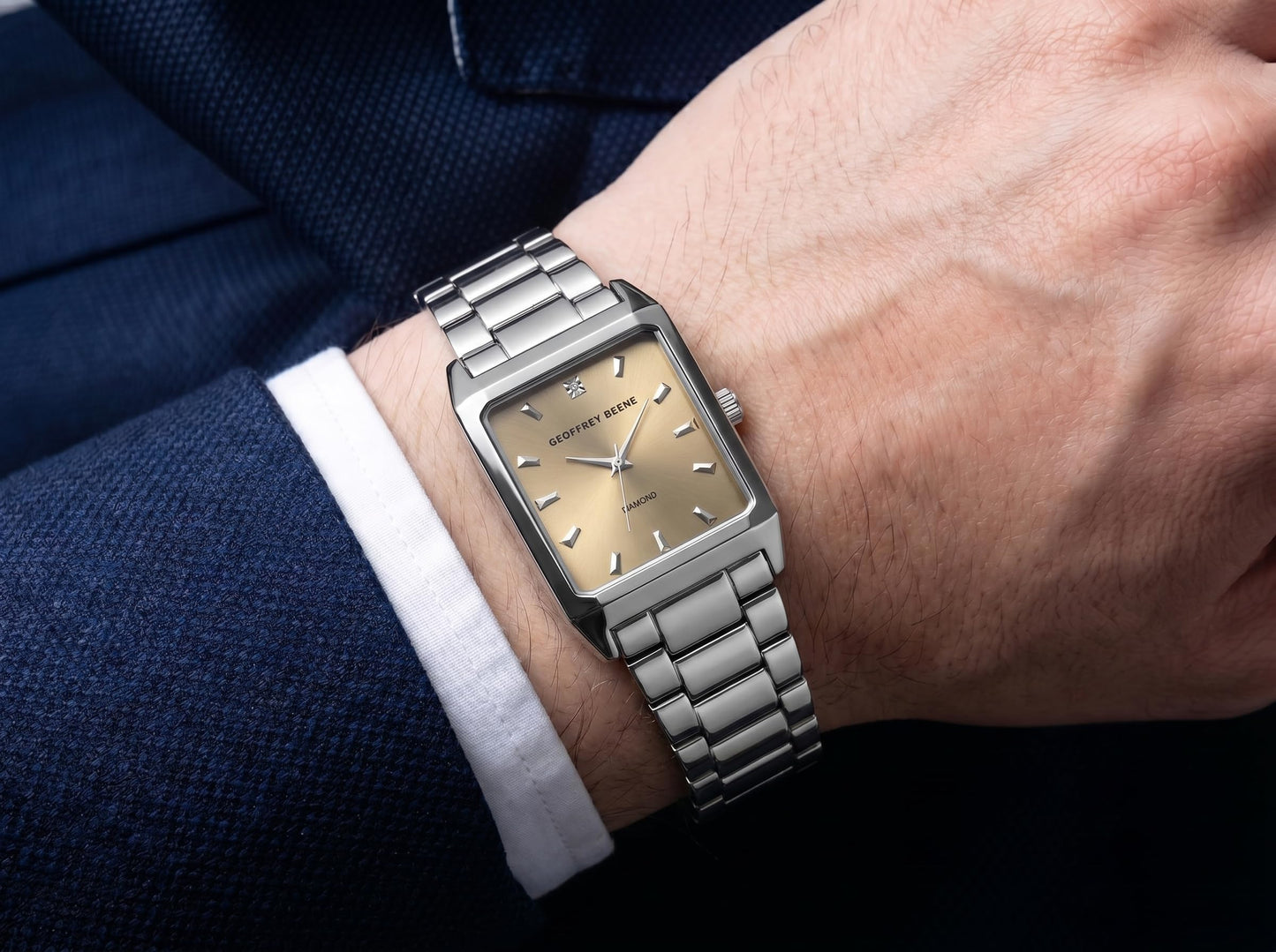 Geoffrey Beene Men’s Rectangular Silver Watch 34mm Brown Sunray Dial Bracelet Diamond Accent