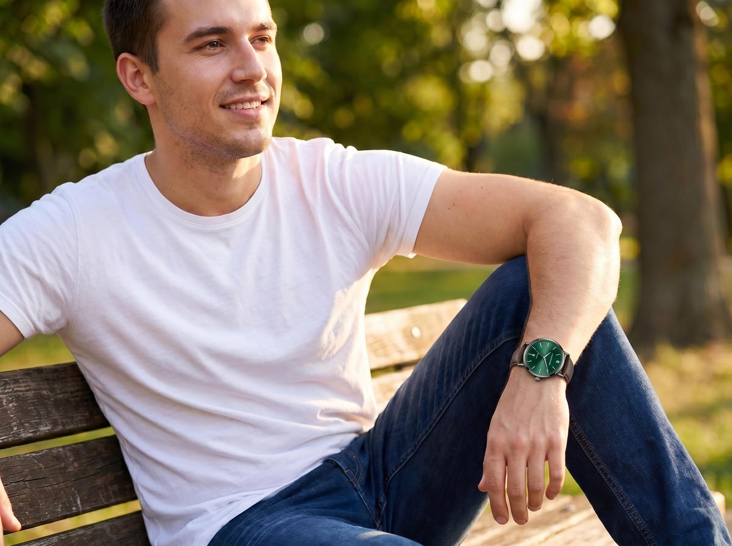 Geoffrey Beene Men’s Round Gunmetal Watch 41mm Green Sunray Dial PU Strap Diamond Accent