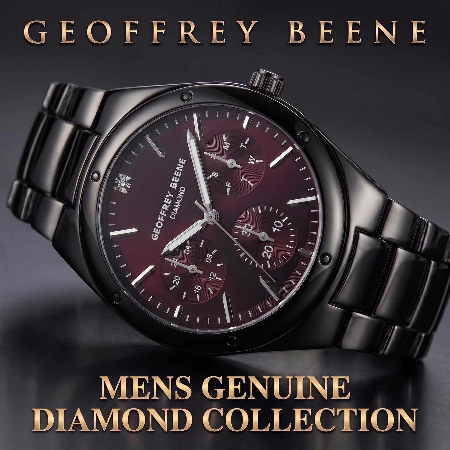 Geoffrey Beene Men’s Round Gunmetal Watch 42mm Aubergine Sunray Dial Bracelet Diamond Accent