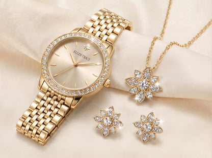 ELLEN TRACY Women's 25mm Round Goldtone Watch and Jewelry Gift Set, Champagne Dial, Crystal Accents