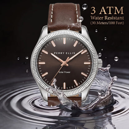 Perry Ellis Men's Solar Watch – Round Silver-Tone, Dark Brown Sunray Dial with Rose Gold Luminous Hands, Adjustable Brown Leather Strap, Water Resistant 3ATM, Quartz Analog Fashion Accessory