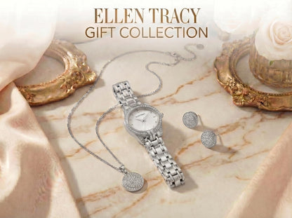 ELLEN TRACY Women's 24mm Round Silvertone Watch and Jewelry Gift Set, White Dial, Crystal Accents