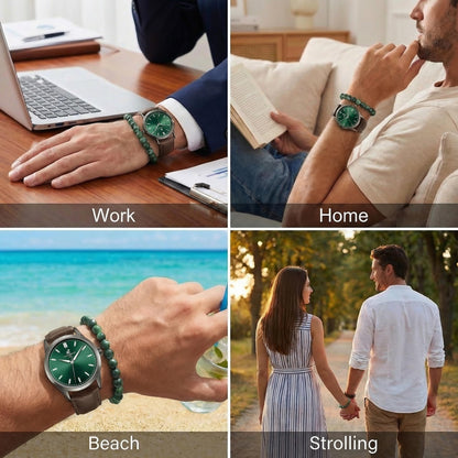 CARIBBEAN JOE Men’s Watch & Red Creek Jasper Beaded Bracelet Set – 41mm Silver-Tone Case, Green Sunray Dial, Luminous Markers, Brown PU Strap, 8mm Natural Stone 8” Bracelet