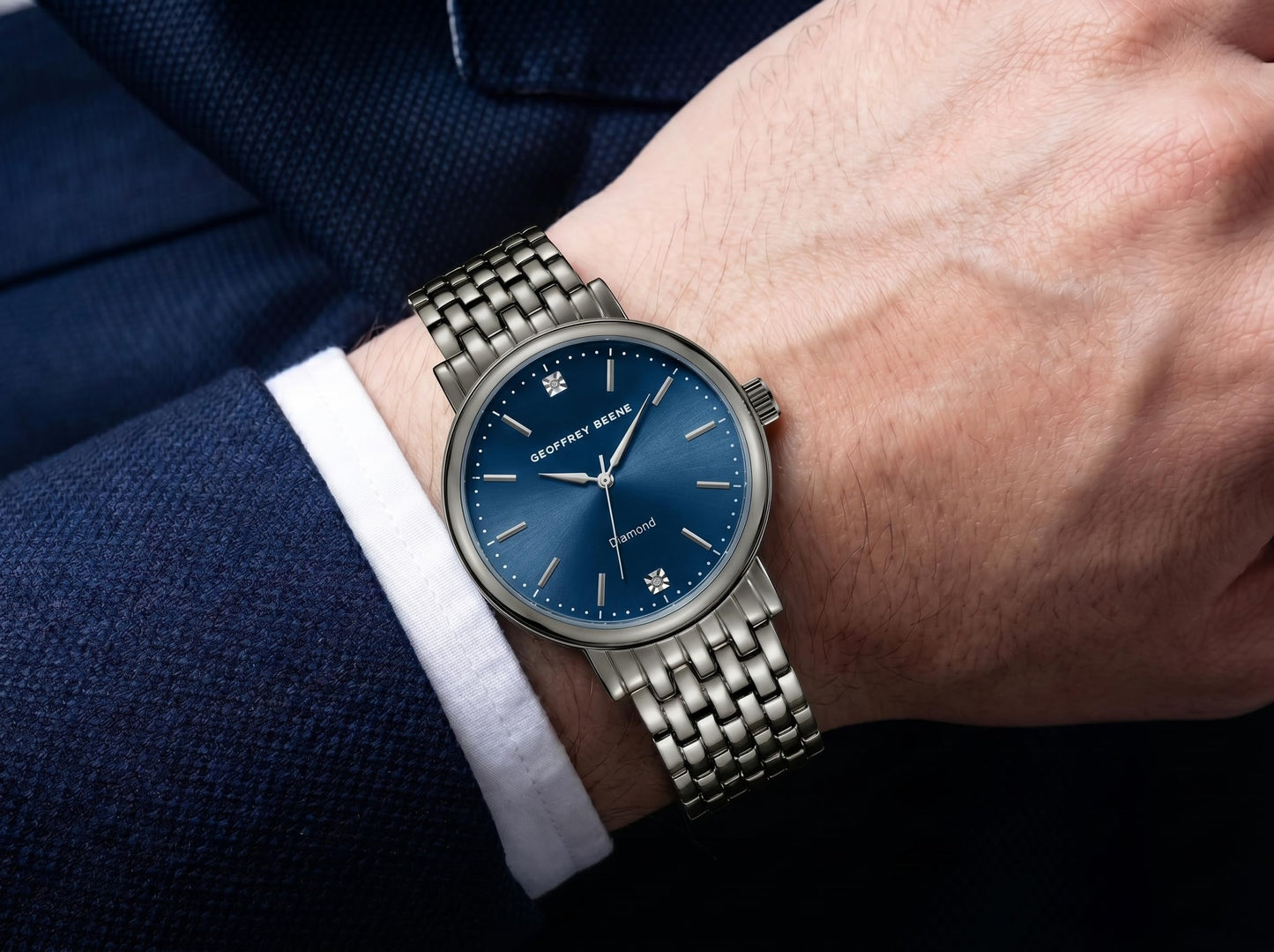 Geoffrey Beene Men’s Round Gunmetal Watch 41mm Blue Sunray Dial Bracelet Diamond Accent