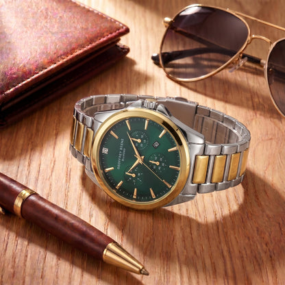 Geoffrey Beene Men’s Round Two Tone Watch 43mm Dark Teal Sunray Dial Bracelet Diamond Accent