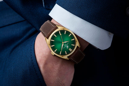 Caribbean Joe Men’s Analog Watch with Gold-Tone 41mm Case, Green Degrade Sunray Dial, Brown PU Leather Strap, Quartz Movement, Casual Dress Fashion Wrist Watch