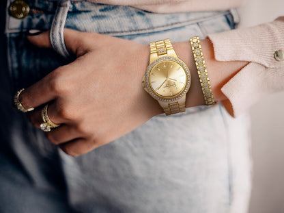 Jessica Simpson Women’s Watch Set Gold 35mm Crystal Bezel with Bangle