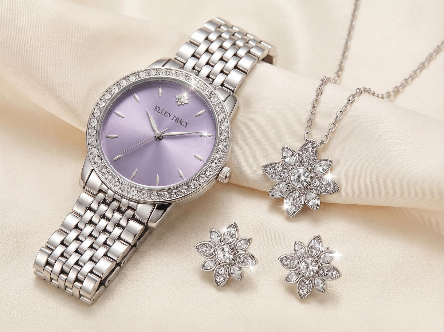 ELLEN TRACY Women's 25mm Round Silvertone Watch and Jewelry Gift Set, Lavender Dial, Crystal Accents