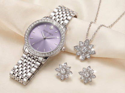 ELLEN TRACY Women's 25mm Round Silvertone Watch and Jewelry Gift Set, Lavender Dial, Crystal Accents