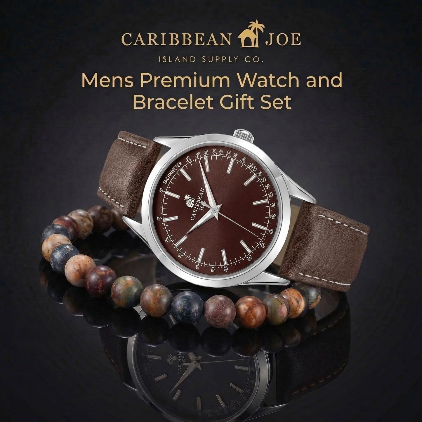 CARIBBEAN JOE Men’s Watch & Red Creek Jasper Beaded Bracelet Set – 41mm Silver-Tone Case, Gray Sunray Dial, Luminous Silver-Tone Bar Markers, Brown PU Strap, 8mm Natural Stone 8” Bracelet