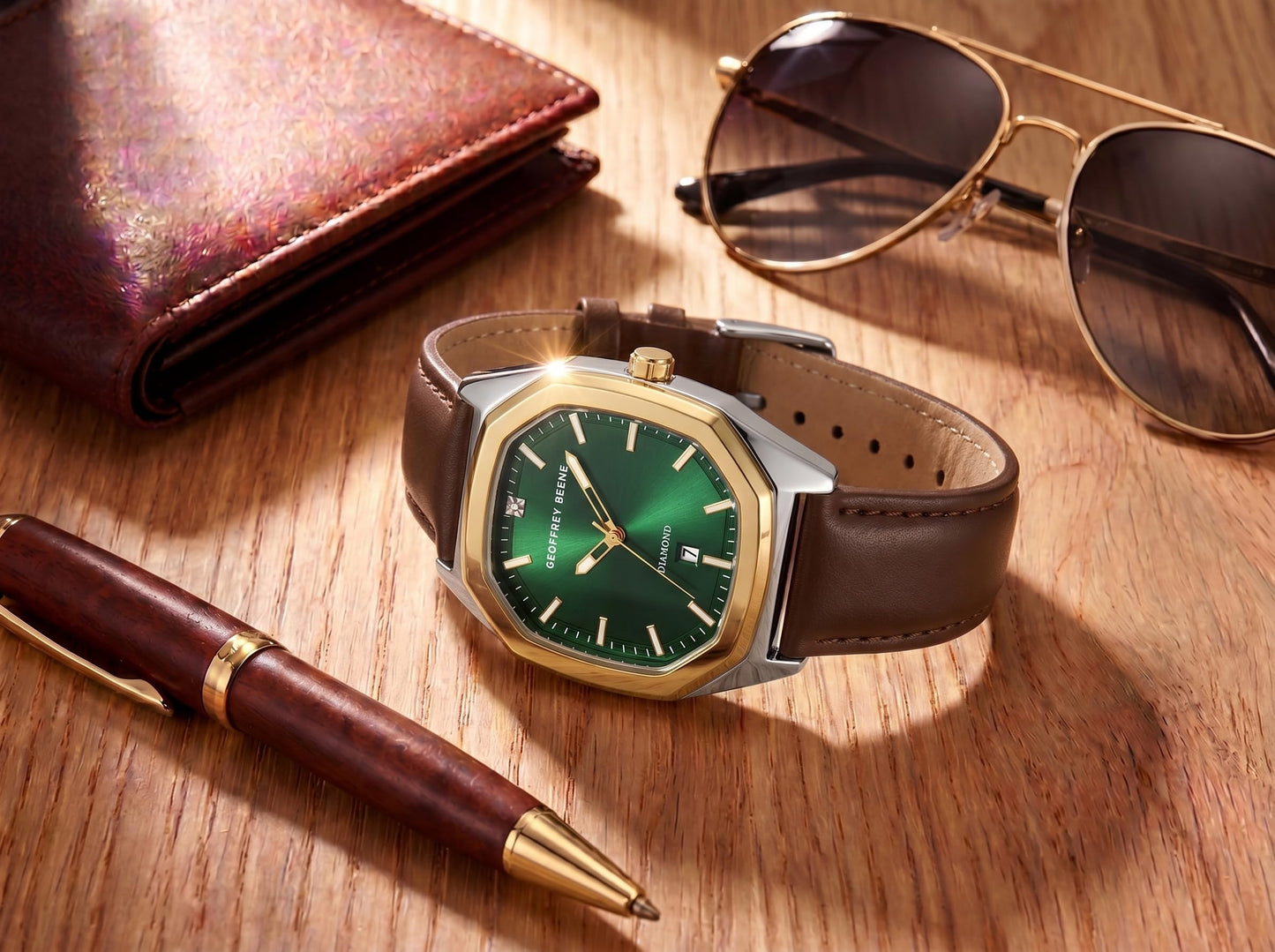 Geoffrey Beene Men’s Octagon Two Tone Watch 41mm Green Sunray Dial PU Strap Diamond Accent