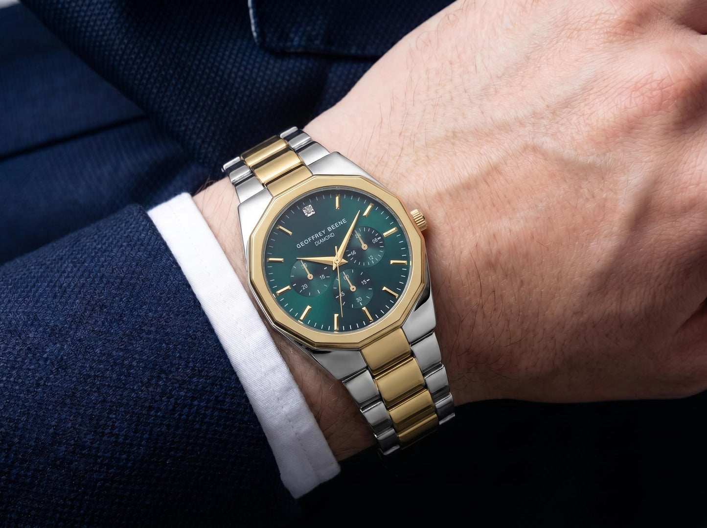 Geoffrey Beene Men’s Round Two Tone Watch 43mm Green Sunray Dial Bracelet Diamond Accent