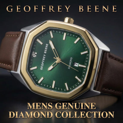 Geoffrey Beene Men’s Octagon Two Tone Watch 41mm Green Sunray Dial PU Strap Diamond Accent