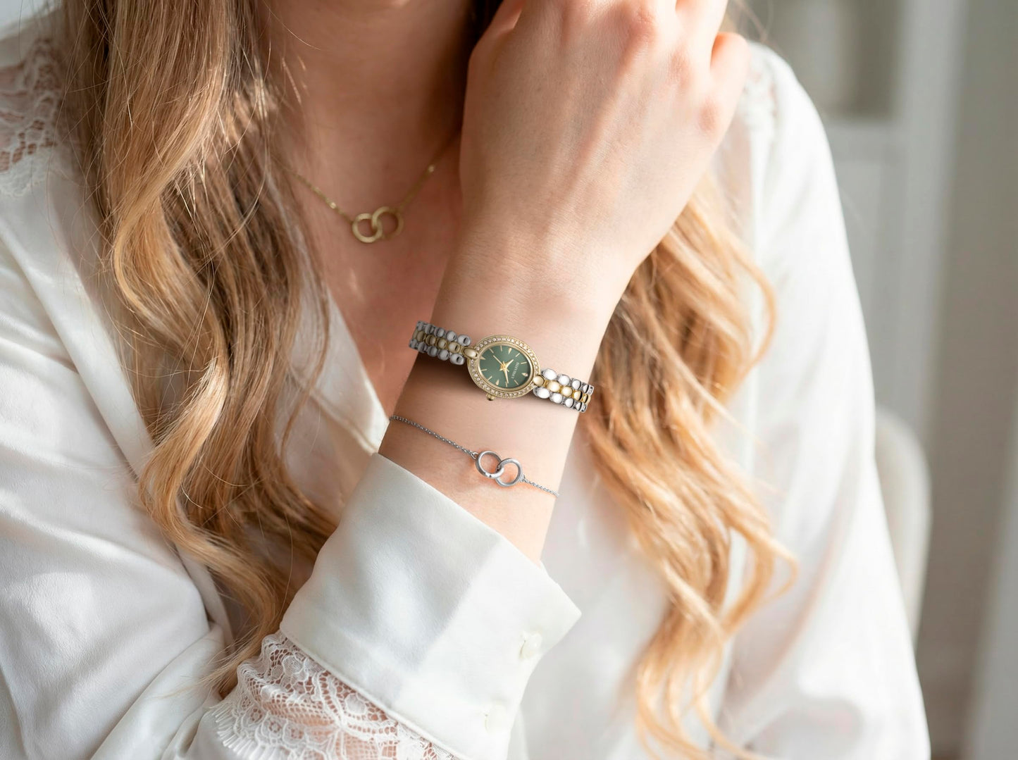 ELLEN TRACY Women's 20mm Oval Two Tone Silver/Gold Watch, Green Dial, Crystal Accents, Bracelet Band