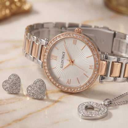 ELLEN TRACY Women's Analog Watch – Polished Round Case, Metal Bracelet, Foldover Clasp, Battery Powered Quartz, Designed for Women Who Dress with Intention