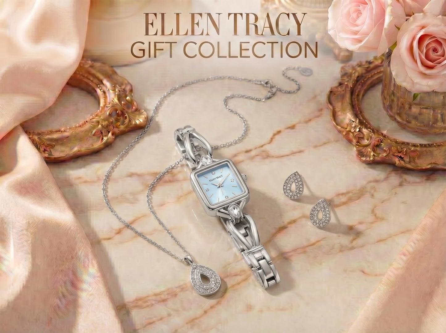 ELLEN TRACY Women's 20mm Rectangle Silvertone Watch and Jewelry Gift Set, Blue Dial, Crystal Accents
