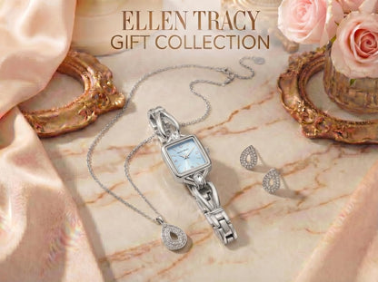 ELLEN TRACY Women's 20mm Rectangle Silvertone Watch and Jewelry Gift Set, Blue Dial, Crystal Accents