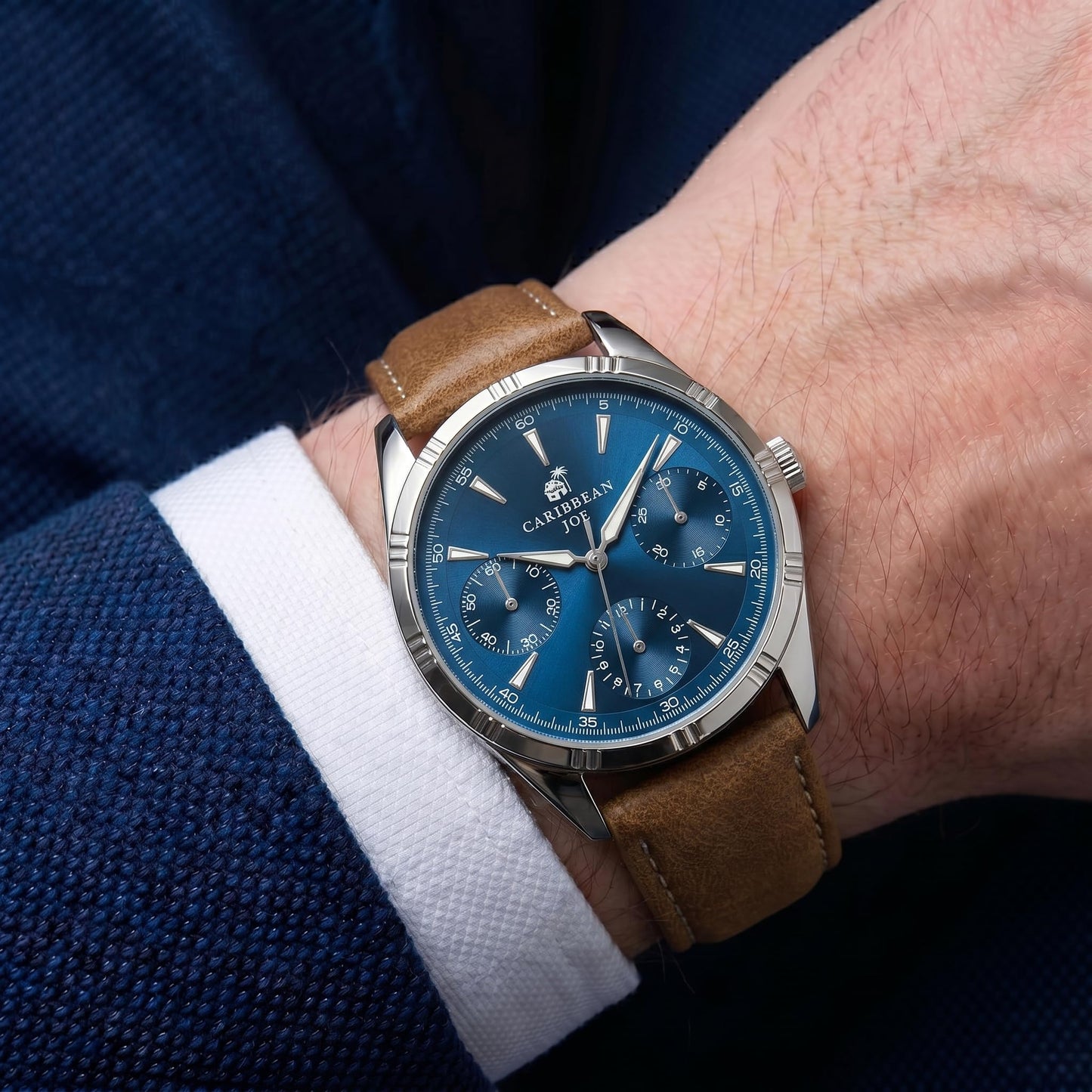 CARIBBEAN JOE Men’s Watch, 41mm Round Case, Silvertone, Blue Sunray Dial, Triangle Luminous Markers, Decorative Dial Markers, Brown PU Strap