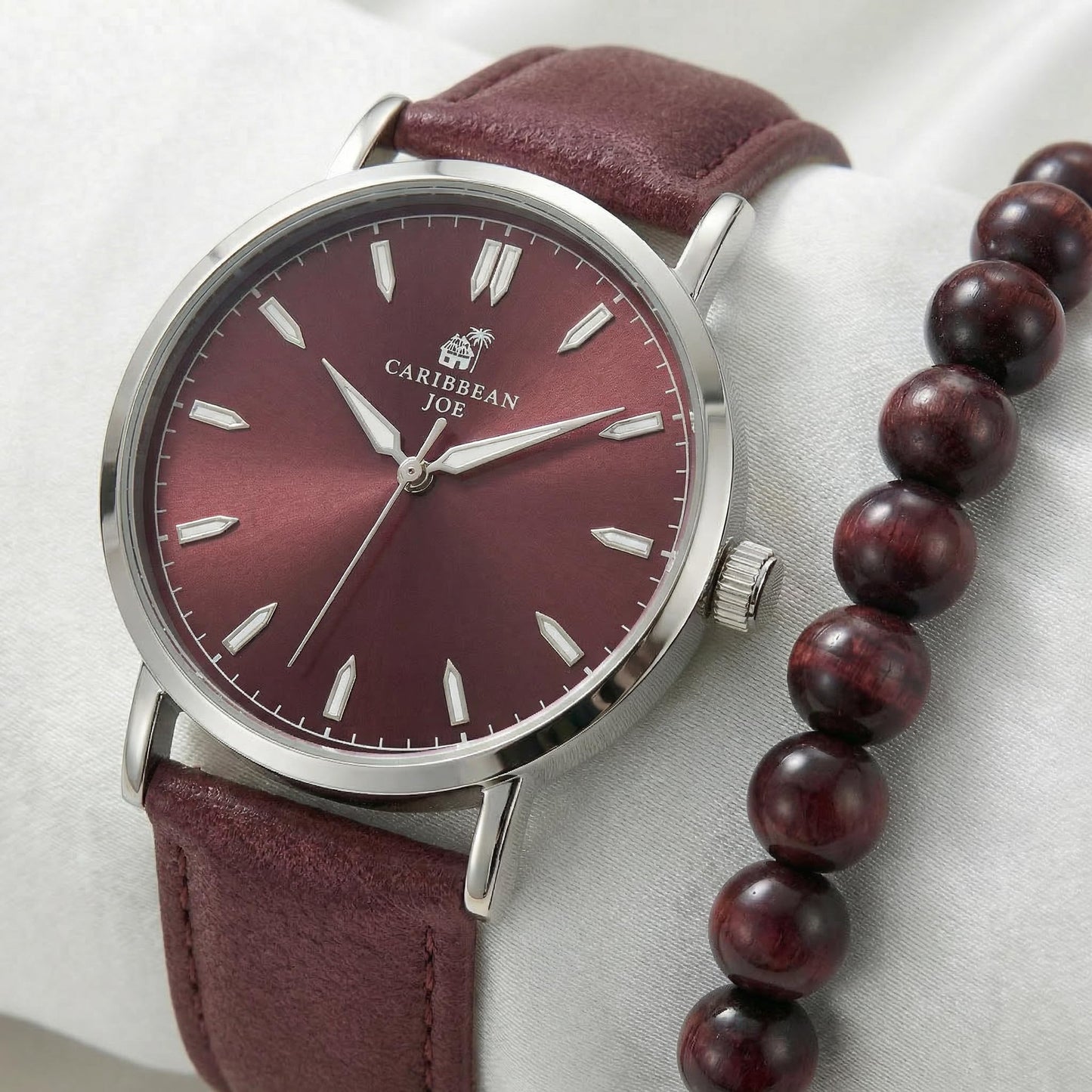 CARIBBEAN JOE Men’s Watch & Red Tiger Eye Beaded Bracelet Set – 41mm Silver-Tone Case, Burgundy Sunray Dial, Luminous Silver-Tone Markers, Burgundy PU Strap, 8mm Natural Stone 8” Bracelet