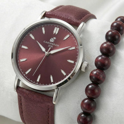 CARIBBEAN JOE Men’s Watch & Red Tiger Eye Beaded Bracelet Set – 41mm Silver-Tone Case, Burgundy Sunray Dial, Luminous Silver-Tone Markers, Burgundy PU Strap, 8mm Natural Stone 8” Bracelet