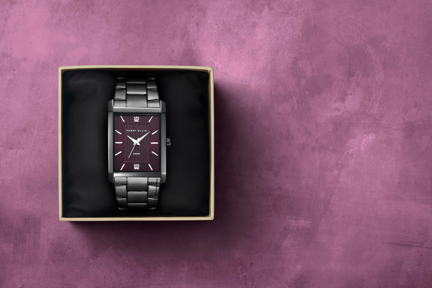 Perry Ellis Ultra Slim Men's Watch – Rectangular Gunmetal, Aubergine Textured Dial with Diamond Accents, Silver Faceted Indexes, Gunmetal Stretch Bracelet, Quartz Analog Fashion Accessory